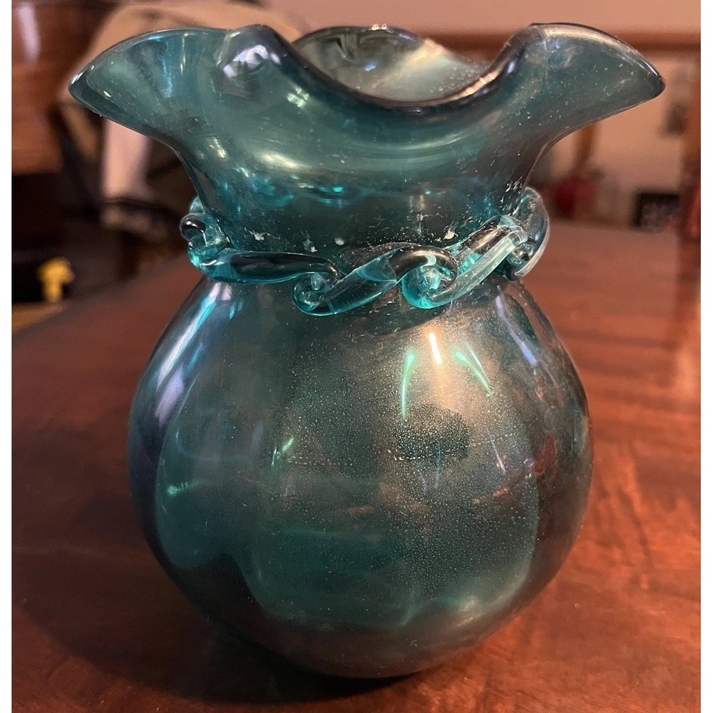 Vintage Hand Blown Teal Aqua Glass Vase - Ruffled Rim - Applied Rigaree - Pontil